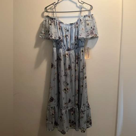 Rewind Womens Cold Shoulder Skater Dress Blue Floral Sz M - Picture 5 of 10